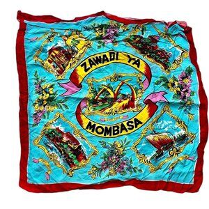 Zawadi Ya Mombasa Vintage Souvenir Scarf 28"x27" Turqoise Yellow Red Pink Green